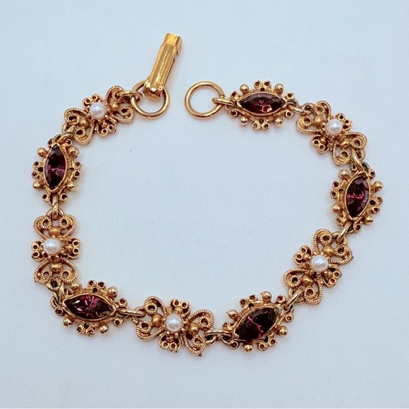 Forenza Signed Vintage Pearl & Amethyst Glass Panel Bracelet 7.25 in - Picture 1 of 5